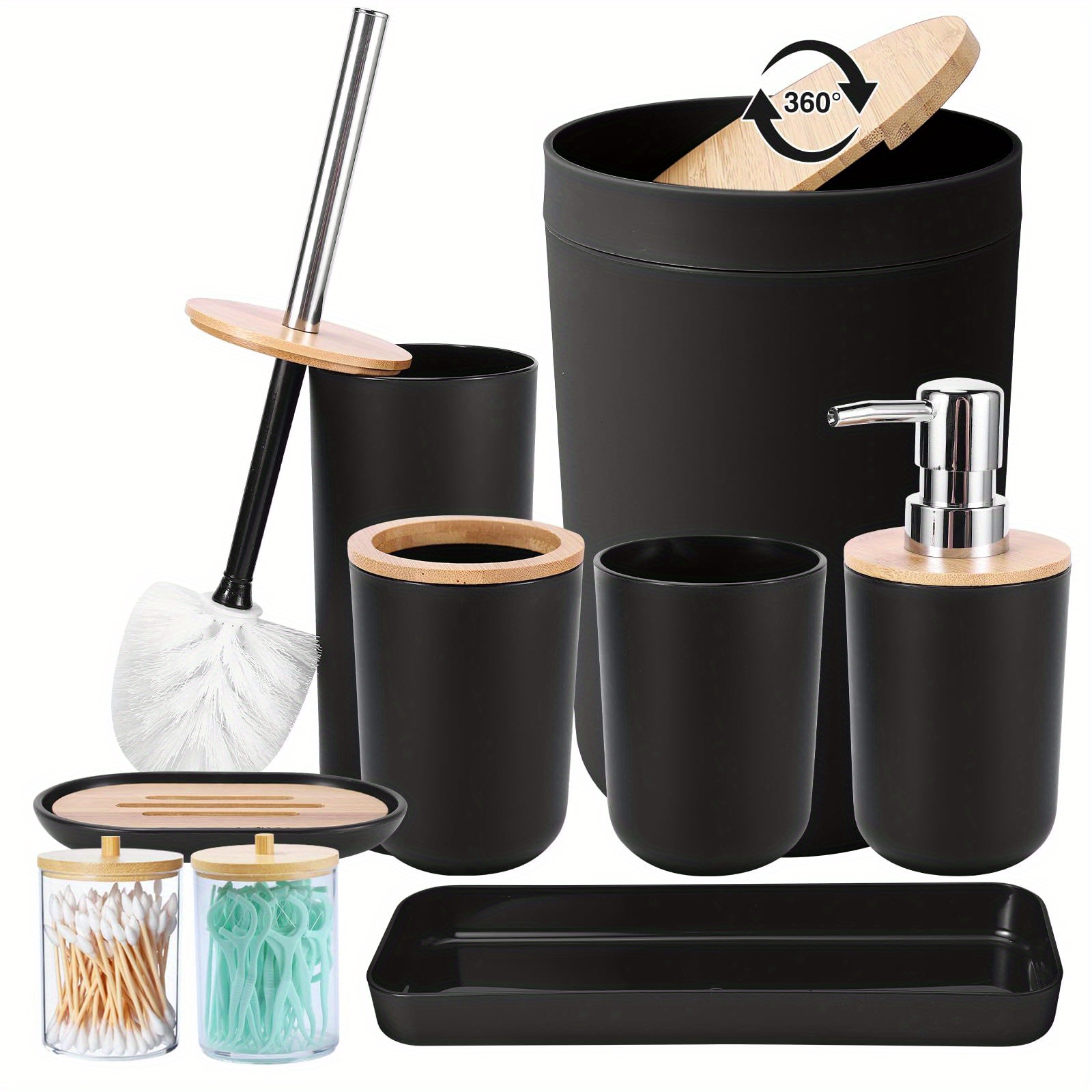 Image of Bathroom Additions Set With Trash Can, Toothbrush Holder, Soap Dispenser, Soap And Lotion Set, Tumbler Cup