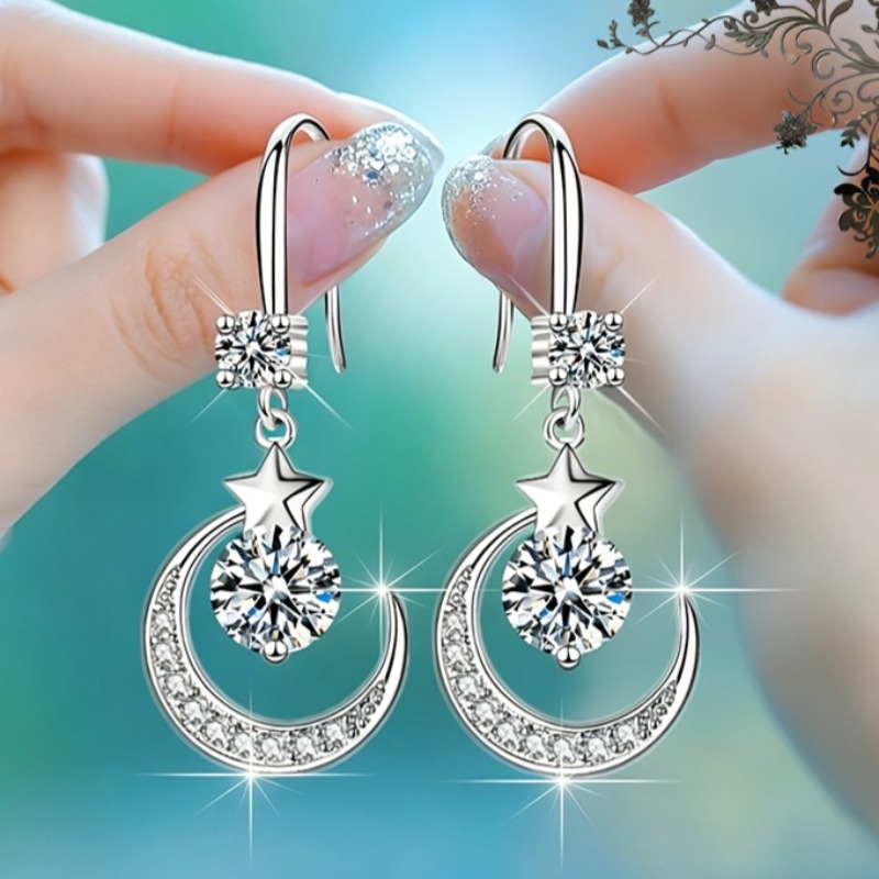TEMU Eleganti orecchini pendenti con luna e stella in zirconia intarsiata per donne, ideali per feste, , uso , vacanze e come regalo di gioielleria