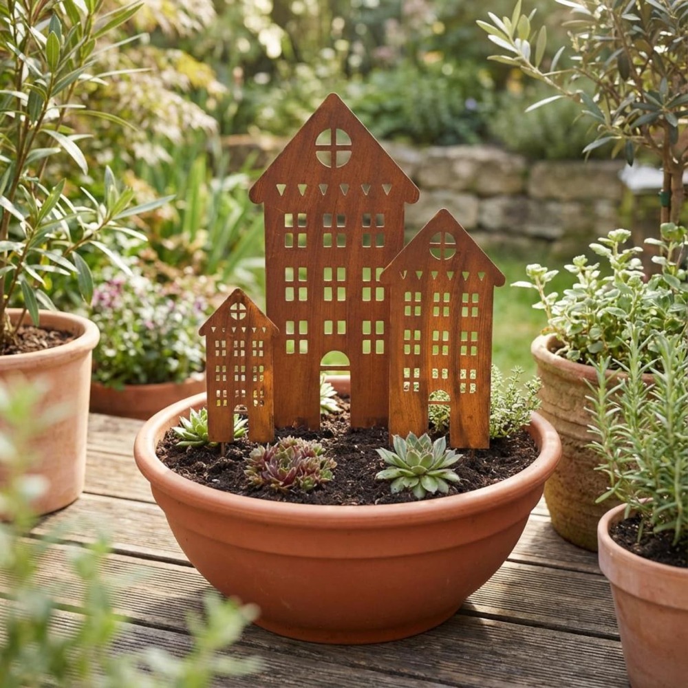 【2d Flat】 Rustic Steel House Garden Stakes - Metal Garden Art, Set Of 3