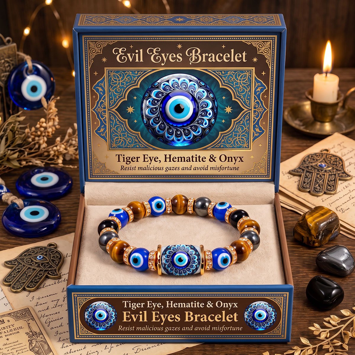 TEMU Blue Evil Eye 8mm Beaded Bracelet For Men Women, Tiger Eye Hematite Onyx Protection Amulet , Good Luck Spiritual Bracelet Gift For Birthday
