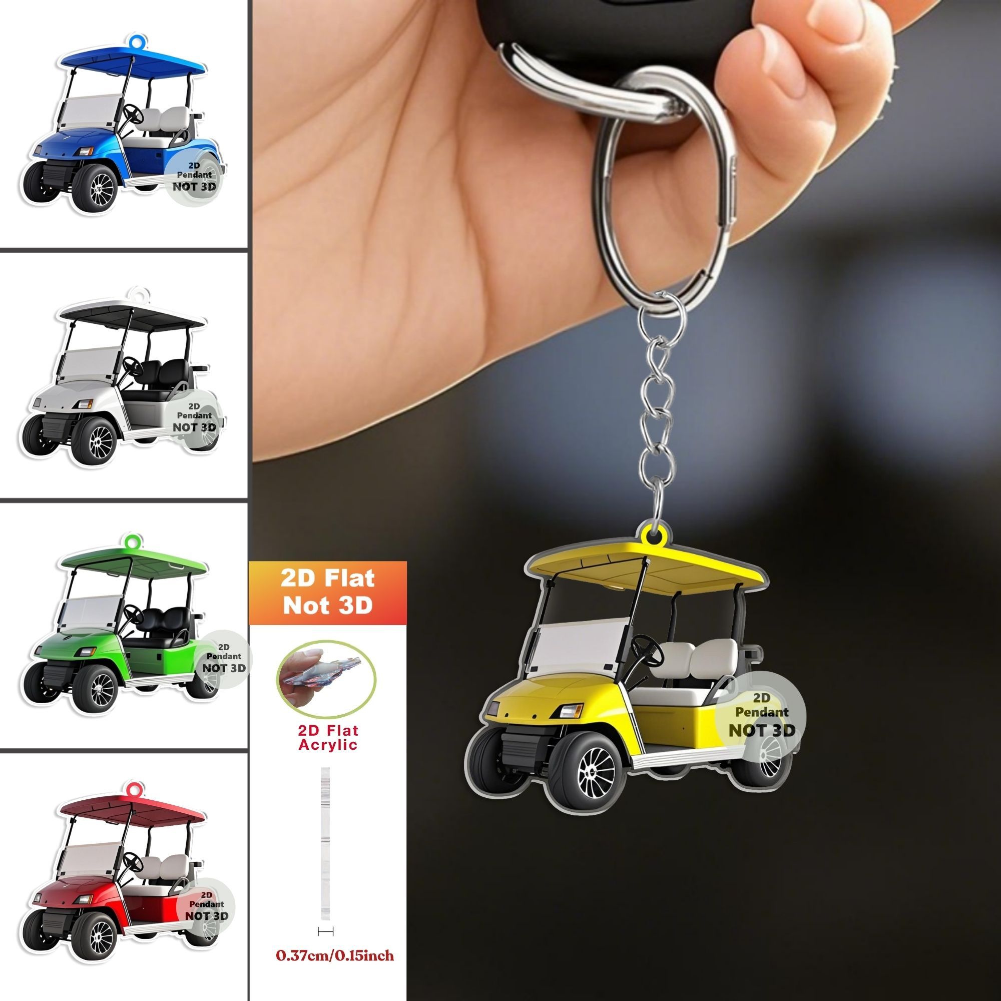 TEMU 2d Flat, 5pcs Golf Cart Acrylic Keychains - Lifelike Cart Prints With - Ideal For Golf Bags, Keyrings, Tournament Favors & Golf-themed Events -