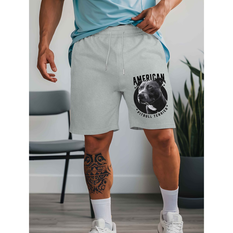 

Men's Casual American Pitbull Terrier Mid-length Shorts - Light Gray, Drawstring Waist, Polyester, Trendy Summer Wear