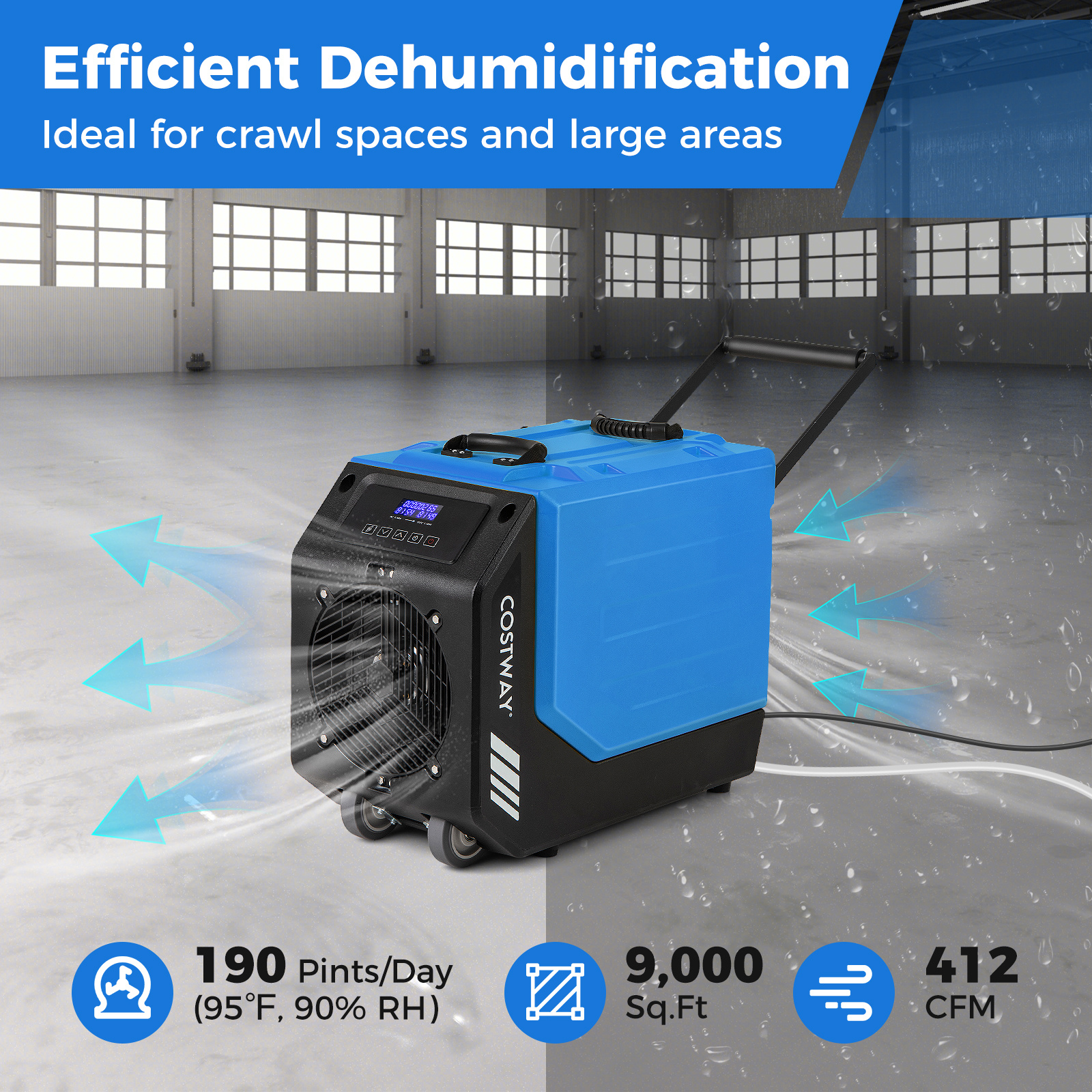 190 ppd commercial dehumidifier   rotational molded industrial dehumidifier w   handle drain hose for   restoration basement   up to 9000 sq ft Product details 0