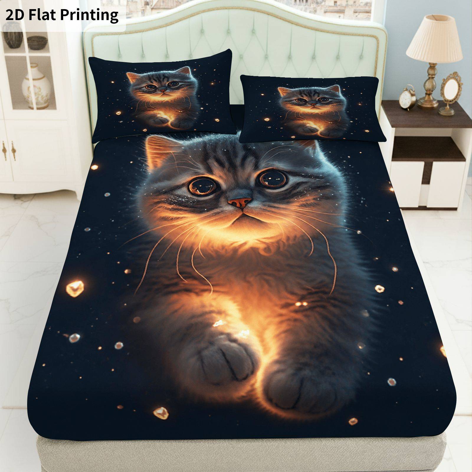 3pcs starry   fitted sheet 3pcs set 1 fitted sheet 2 pillowcases   starry sky theme cat pattern bedding mattress protector soft breathable   bedroom and living room