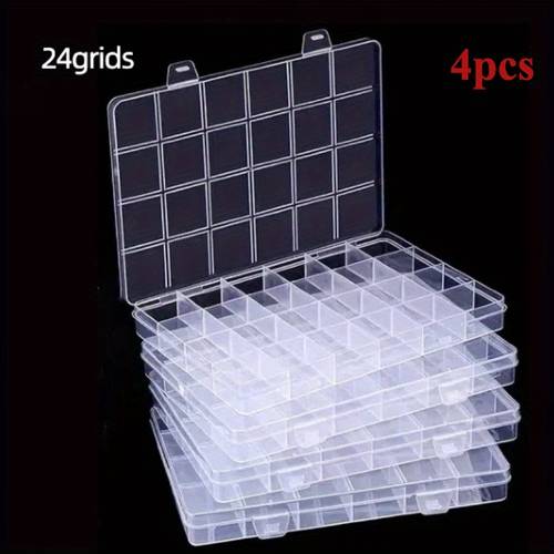 item picture four plastic storage bins with 24 compartments heavy duty clear organizers with area beads screws craft materials office supplies and small parts stackable storage boxes ideal for home workshop
