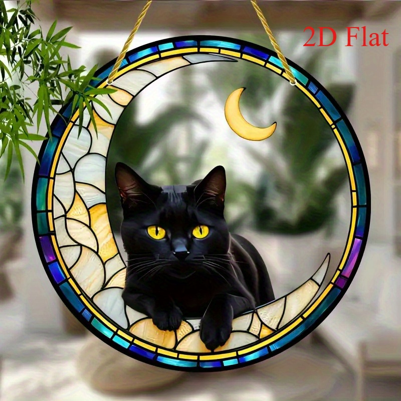 TEMU 2D Flach, 2D Flach Acryl Schwarze Katze Mond Sonnenfänger – Runde Hänge-Dekoration, geeignet für Innen/Außen, perfektes Geschenk für Zuhause,