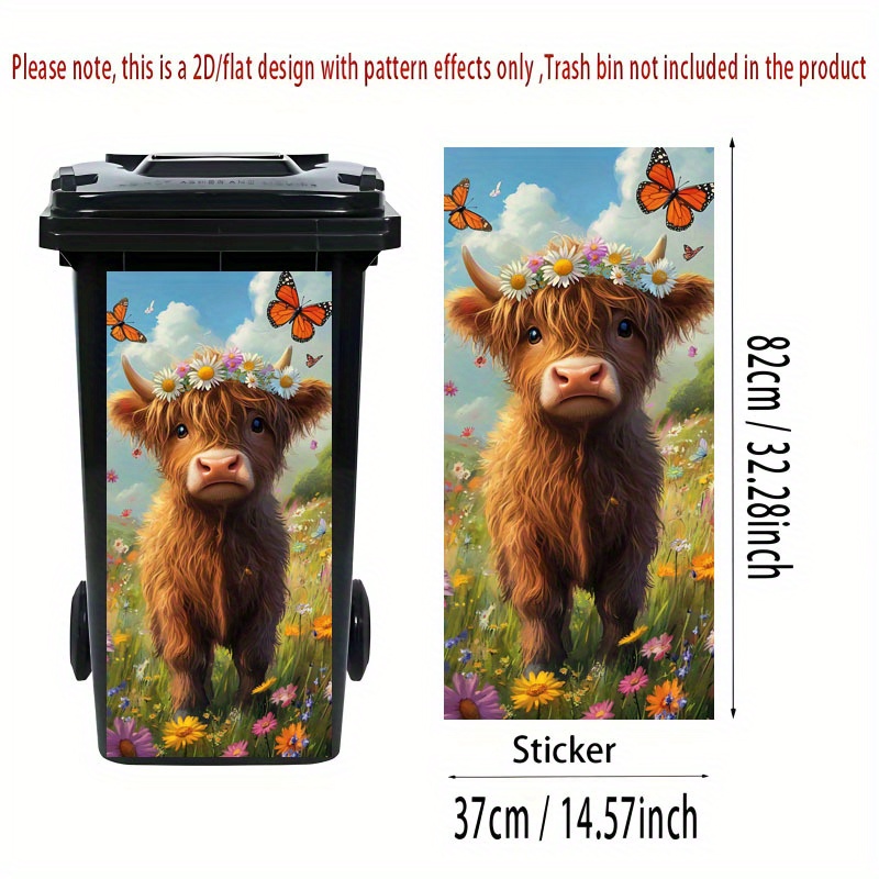Image of 2d Flat Printing 1pc Trash Can Sticker, 37×82cm Daisy And Highland Cow Theme Design, Self-adhesive Decorative Wallpaper For Kitchen Bin, Suitable For Bins, Walls, Home Decoration, 2d Flat