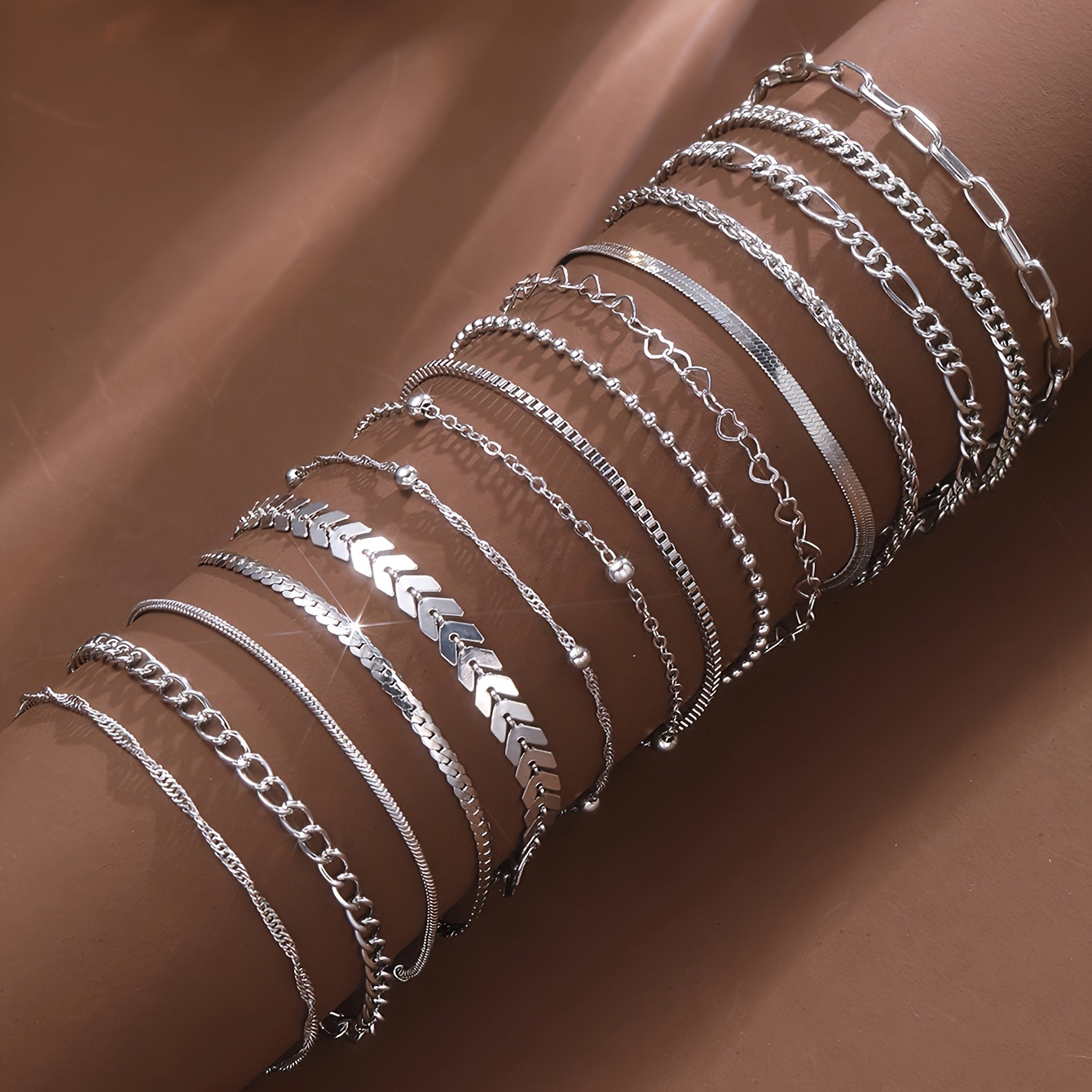 TEMU 15pcs Women's Bracelet Set, Heart And Snake Chain Hollow-out Multi- Set, Unisex Accessories, Vintage Fashion, For Daily Wear, Parties, Thanksgiving, Christmas, And Holiday Gifting