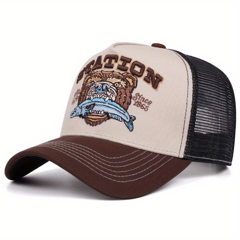 E-shop Neue Amerikanische Retro Bärenkopf-Druck Baseballkappe Unisex Atmungsaktives Mesh Kontrastfarbe Trucker-Hut