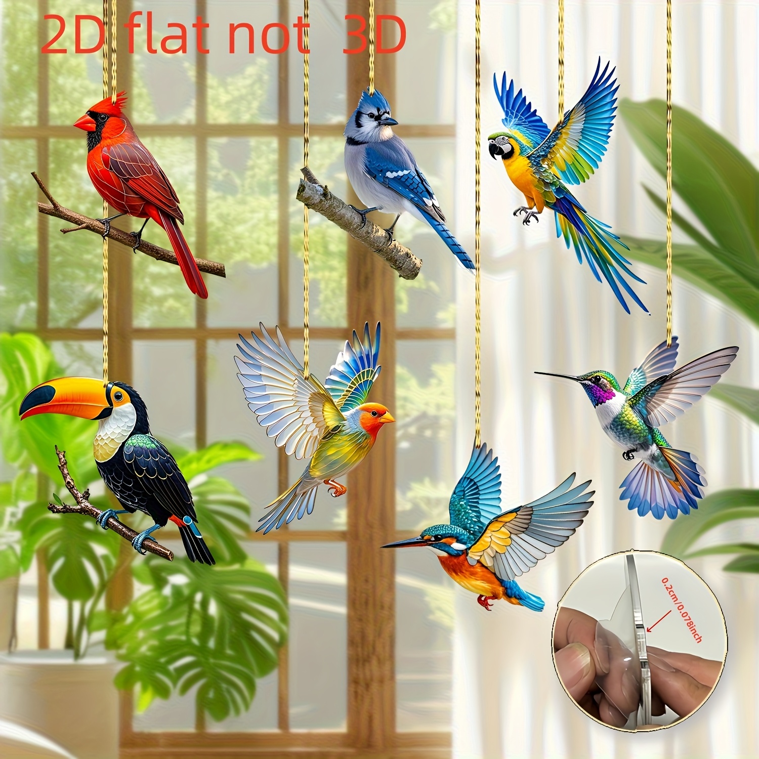 TEMU 2d Flat, 7pcs Acrylic Hanging Decoration Set, Featuring Colorful Outdoor Garden Decor Including A , Red Bird, , Hummingbird, Parrot, And Blue