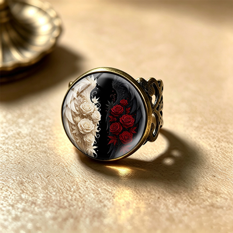 Handmade Yin Yang Glass Dome Adjustable Unisex Ring
