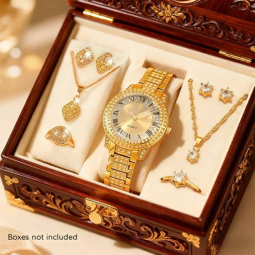 9pcs set womens fashion elegant quartz jewelry watch 2 sets of new shiny necklaces rings and earrings suitable for valentines day easter halloween ramadan birthdays christmas new year daily wear and bohemian style alloy case quartz
