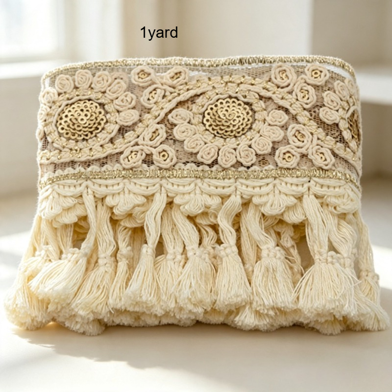 TEMU 1 Yard de Bordure en Dentelle Large de 10Cm/3.94In, Broderie de Style Éthnique en et Paillettes avec Franges et , Ajouts de Vêtements, Ajouts et