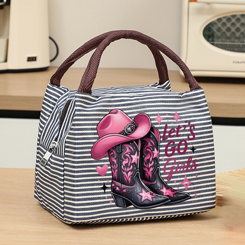 TEMU Pink Western Cowgirl Tote Bag, Boots And Hat Pattern Striped Handbag, Lightweight Zipper Top Open Portable Daily Wallet, Suitable For Country