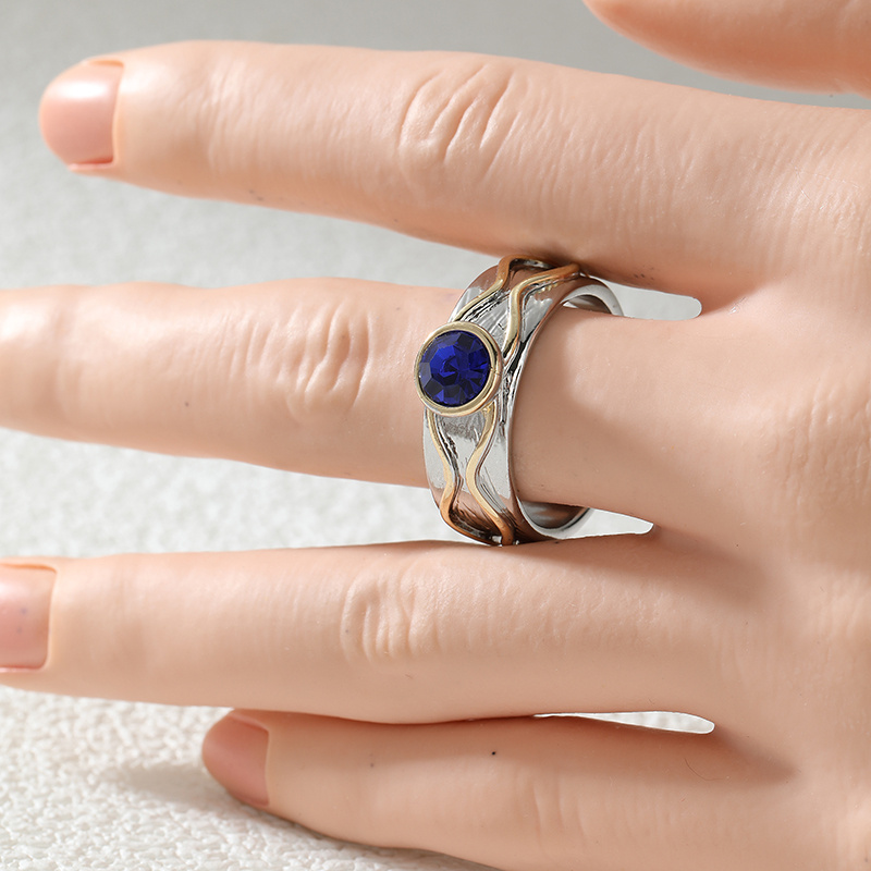 Women's Two-Tone Wavy Textured Ring Set with Blue Zirconia