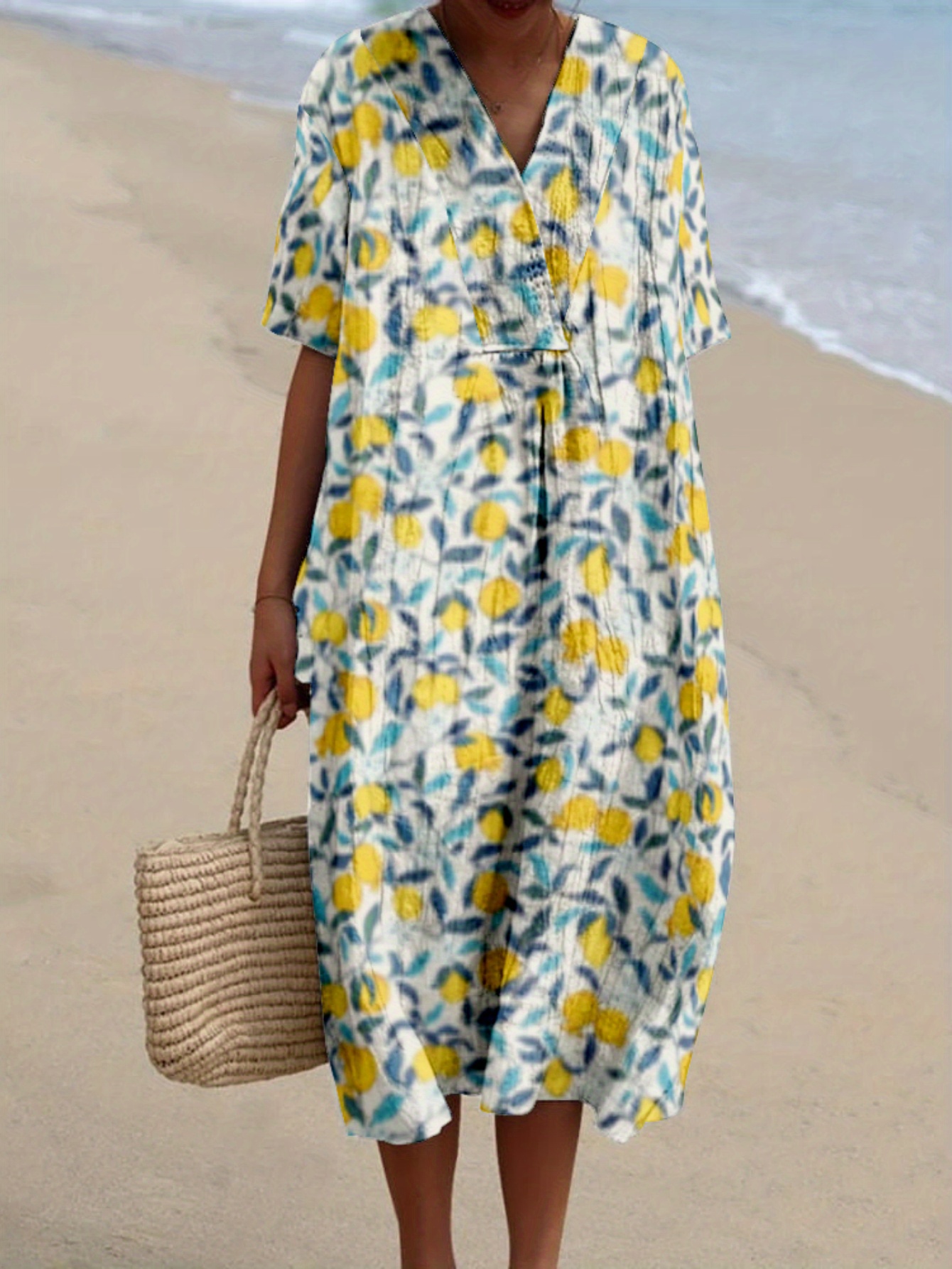 Women's Floral Pomegranate Print V-Neck Dress - Lemon Yellow Loose Fit  Short Sleeve Casual Beach Vacation Dress women's floral pomegranate print v neck dress lemon yellow - Temu