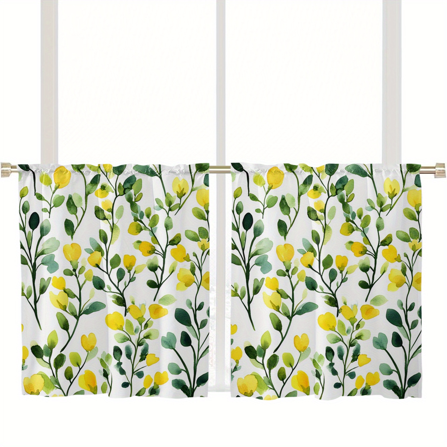 TEMU 2pcs Vintage Floral Watercolor Curtains - Yellow Flowers & Green , 100% Polyester Light Filtering Short Window Drapes For Kitchen & Bedroom, Rod