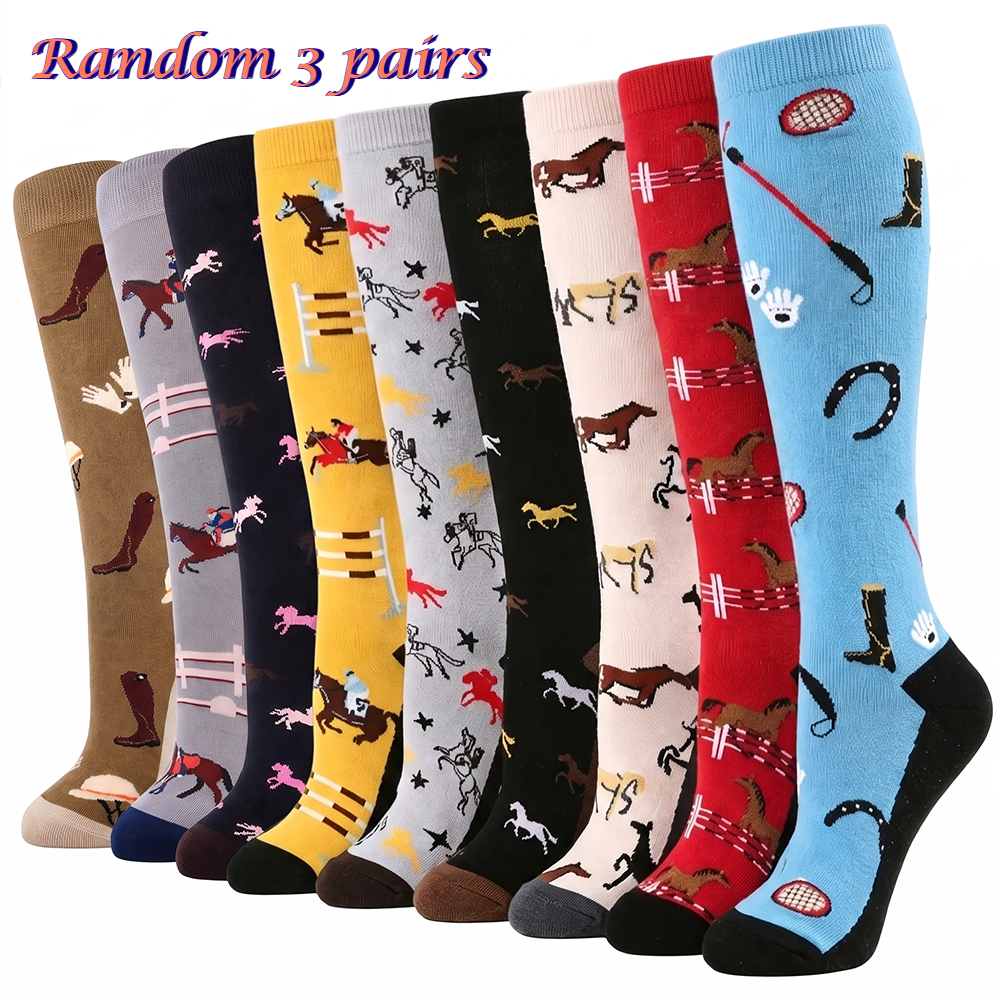 TEMU 3-pair (random Color) Unisex Equestrian Riding Socks - Calf-length Horse-themed Sock Suitable For &, Machine Washable, For Sports, , Jumping,