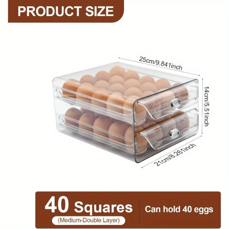 40/60 Slot Large Capacity Double-Layer Egg Storage Box with Egg Holder Drawers - Stackable Space-Saving Egg Tray Suitable for Refrigerator Organizer, Dustproof Egg Preservation Container for Home Kitchen, Fridge Egg Holder Drawer Organizer