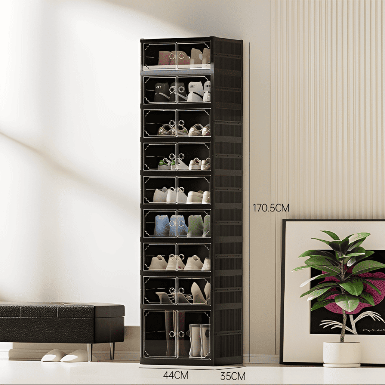 E-shop 9-Etagen 18 Paar faltbarer Schuhregal-Organizer, Kunststoff klappbarer Schuhschrank, faltbare -Aufbewahrung mit magnetischer Klartür, einfache