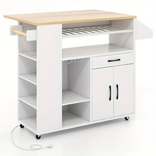 rolling kitchen island cart w power outlet mobile storage cart w drop leaf wine rack stemware rack open shelves drawer spice rack island table on wheels for dining room white natural