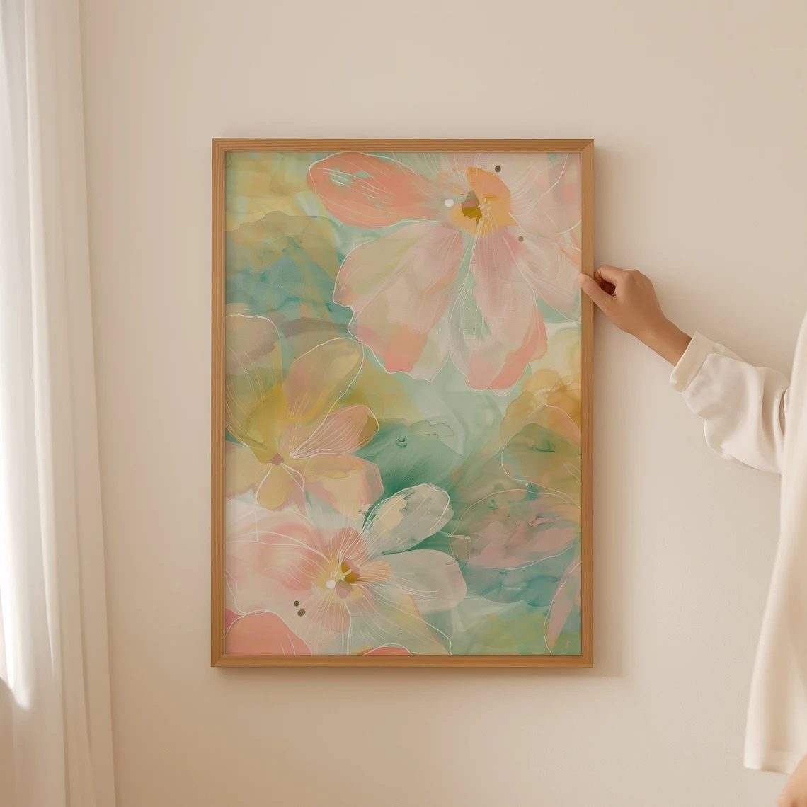 1pc, Bright Abstract Floral Botanical Print, Abstract Floral Wall Mural, Modern Pink And Green Print, Flower Market Print, Colorful Floral Poster, Suitable for Living Room Decoration, Bedroom Decoration, Frameless