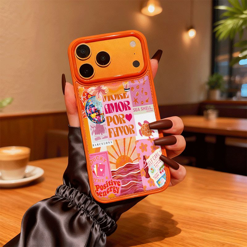 TEMU Coque de téléphone - 1pc Couple de plage ensoleillée Vie Imprimé UV Motif Cuir orange Texture Coque de téléphone, Convient pour Iphone 17‑11 Pro