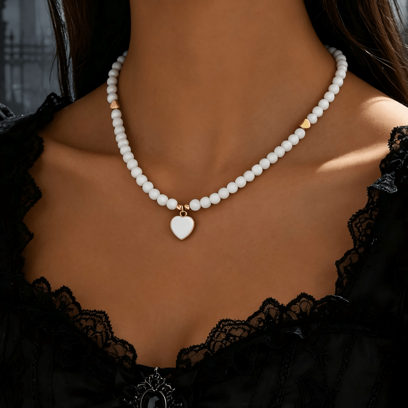 TEMU 1pc Women's Bohemian White Drip-glaze Heart Pendant Acrylic Beaded Necklace, Suitable For Daily Wear, Vacations, And Parties, Birthday Gift,