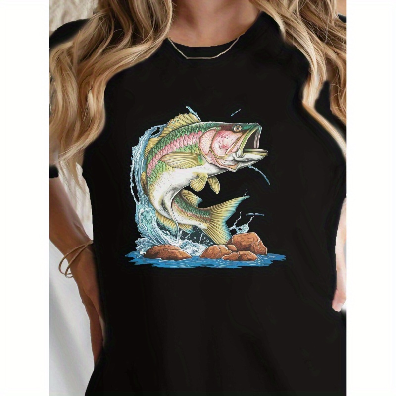 

Vibrant Leaping Fish Print T-shirt For Women - Short Sleeve Crew Neck Casual Top, Green With , Lightweight Polyester , , Tee | Graphic Shirt | Fabric