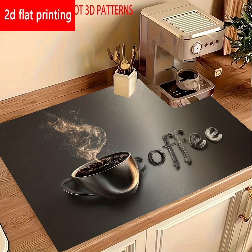 TEMU 2d Flat Printing, 1pc, Coffee-themed Absorbent Placemat With A Dark Charcoal Gray Base, Featuring A Dark Gray Coffee Cup Filled With Coffee