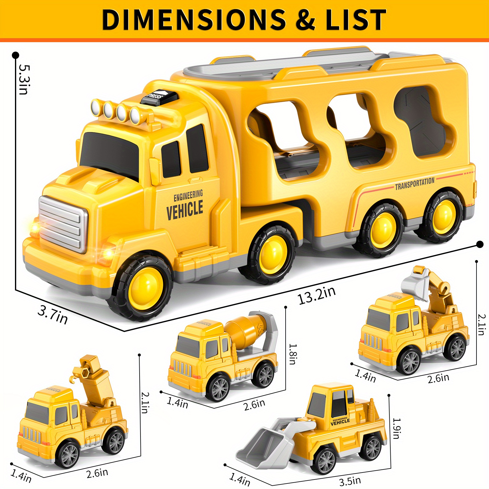 TEMU Camion jouet avec lumière et son pour garçons, camion de transport 5 en 1, véhicules de chantier jouets pour enfants garçons filles, cadeaux