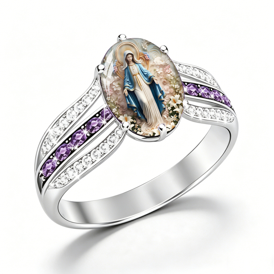 TEMU 1pc Mary Ring Halo Ring Religious Ring Blessed Mother Ring Faith Ring Oval Ring Floral Ring Jewelry Accessories Unique Jewelry Christmas Gifts