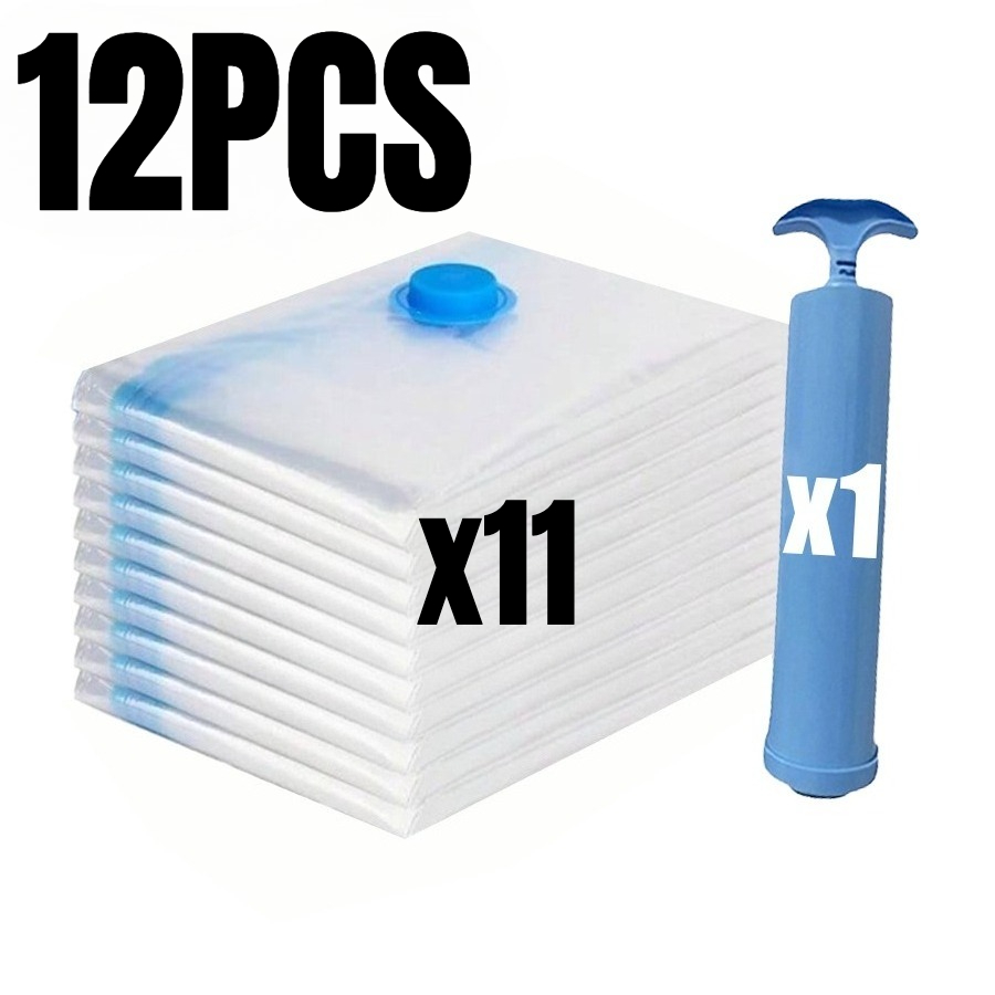 12/7pcs Vacuum-sealed Compression Storage Bags With Manual Vacuum Pump. For Visibility. Stackable. Storage Space. Suitable For Bedding, Quilts, Pillows, Sweaters, Coats, Home And Travel Storage
