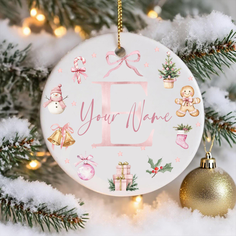 TEMU Personalized Name/initials Christmas Ceramic Ornament - Custom Keepsake With Pink Bow, Name/initials Round Hanging Decoration For Tree, Letter