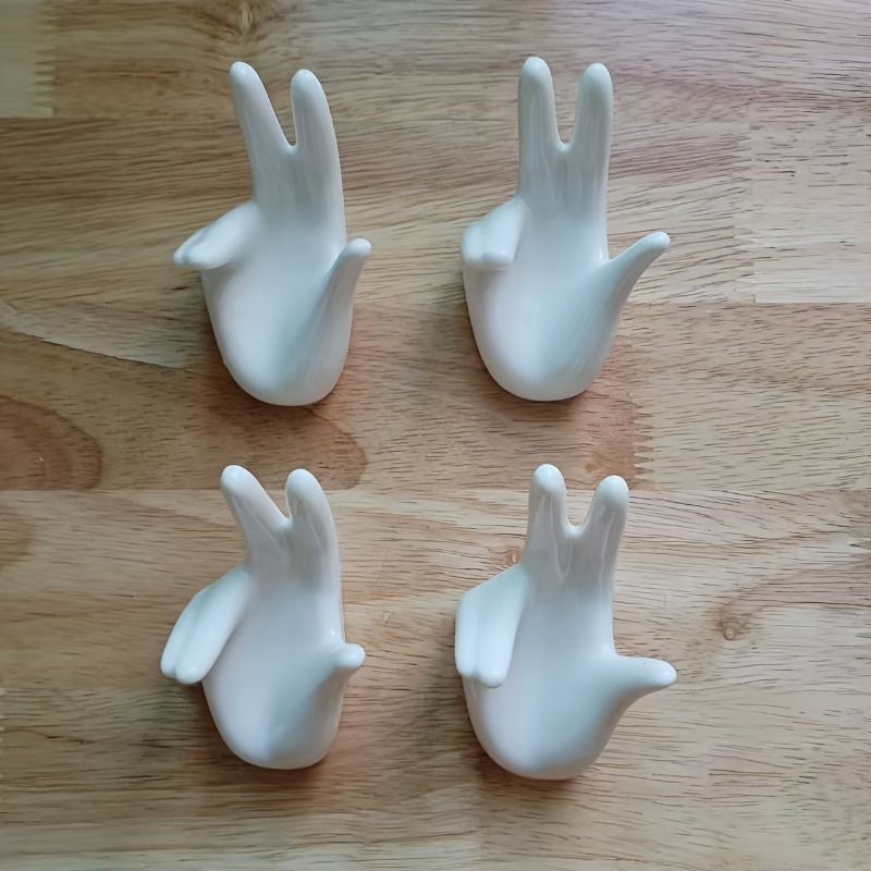 Image of 4pcs Mini Ceramic Hand-shaped Display Stands - Contemporary Porcelain Air Holder Set, Decorative Desk And Shelf Ornament, No Electricity Required
