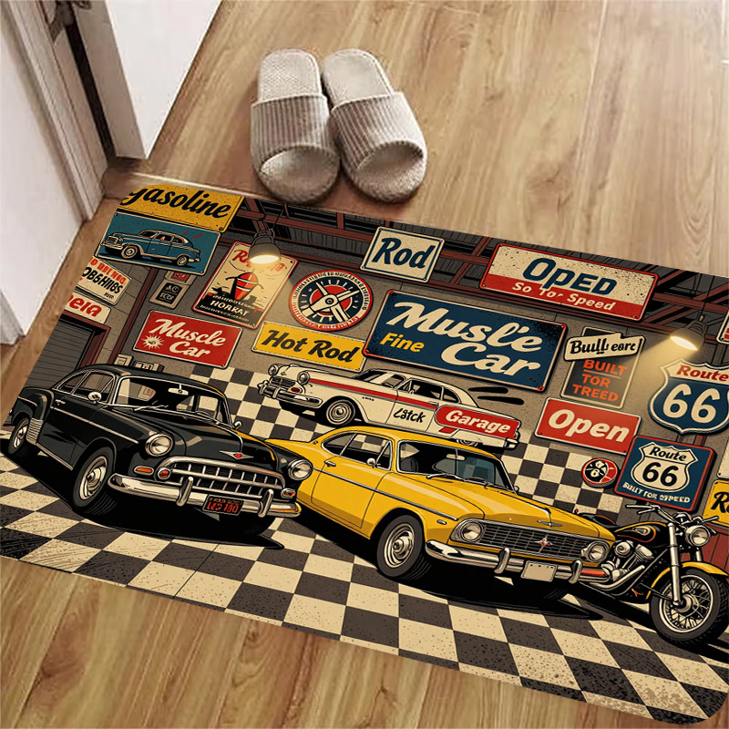 TEMU 1pc, 2d Flat Printing, Garage Classic Car Welcome Mat, Entrance Mat, Entrance Mat Foyer Door Mat, Non-slip Machine Washable Easy , Suitable For