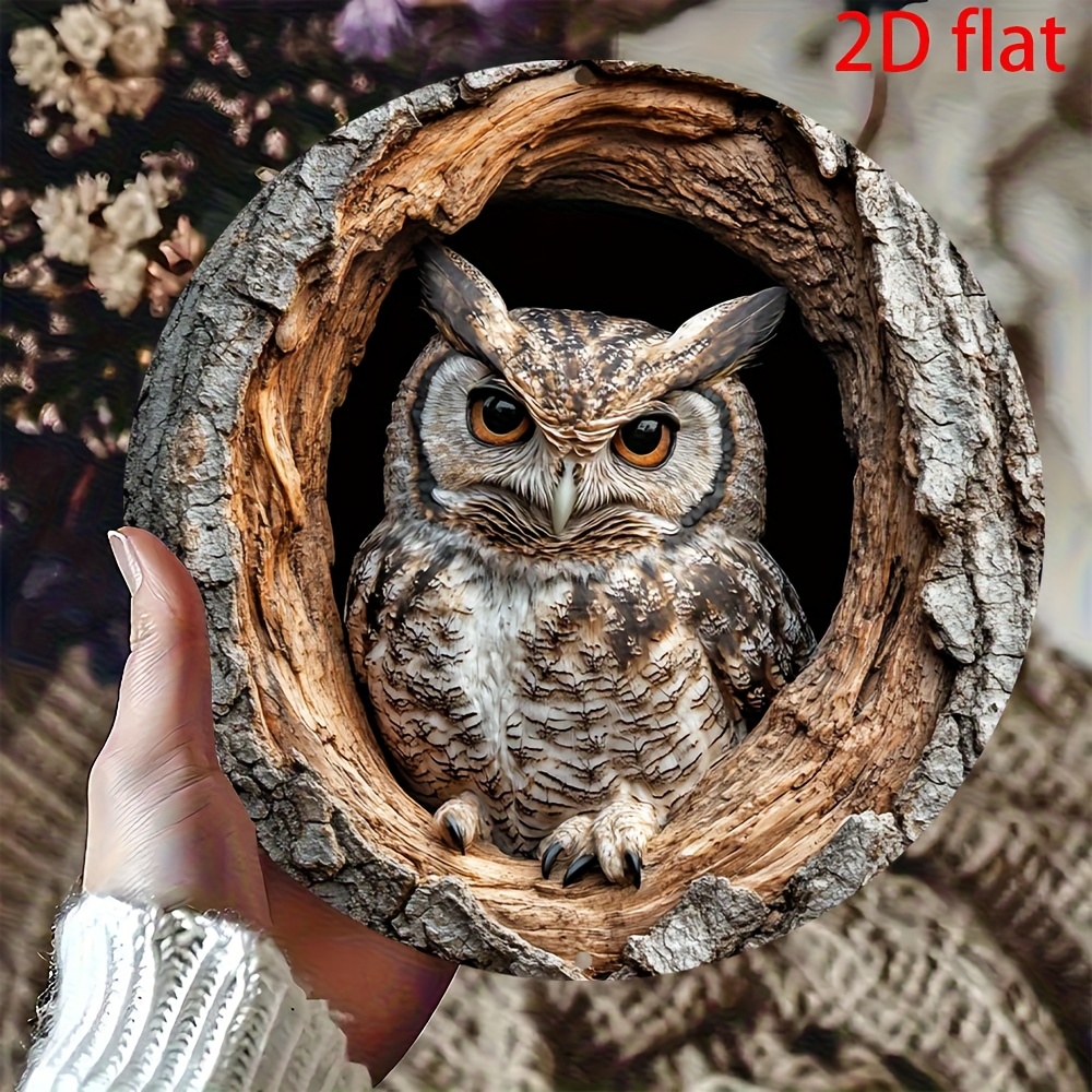 TEMU 2d Flat, 1pc Vintage Owl Metal Wall Decor - Rustic Brown & In Tree Bark Cutout, High Quality & Rustproof Aluminum Art, With Rounded Edges -