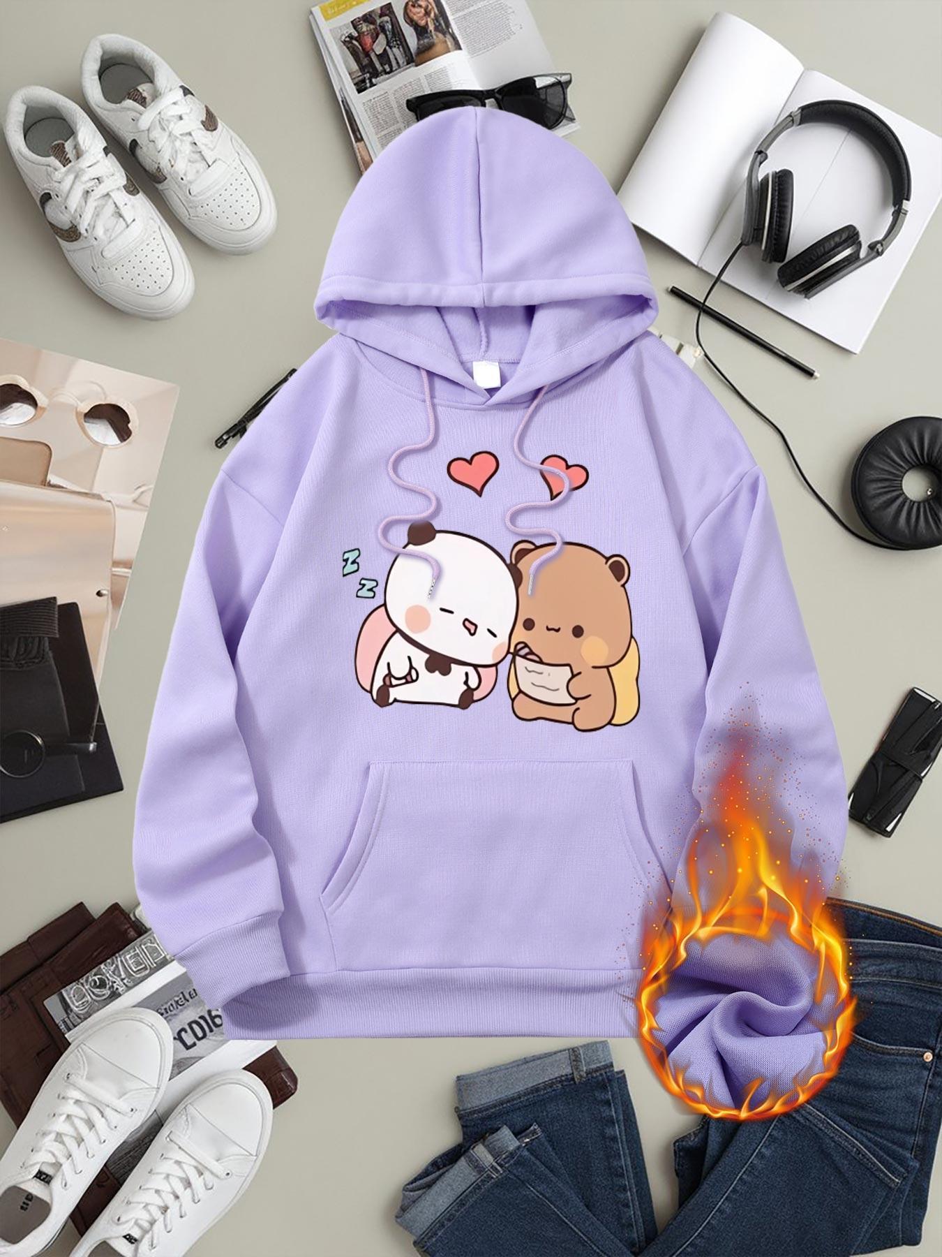 couple cartoon plush print hoodie sweatshirt women casual Temu