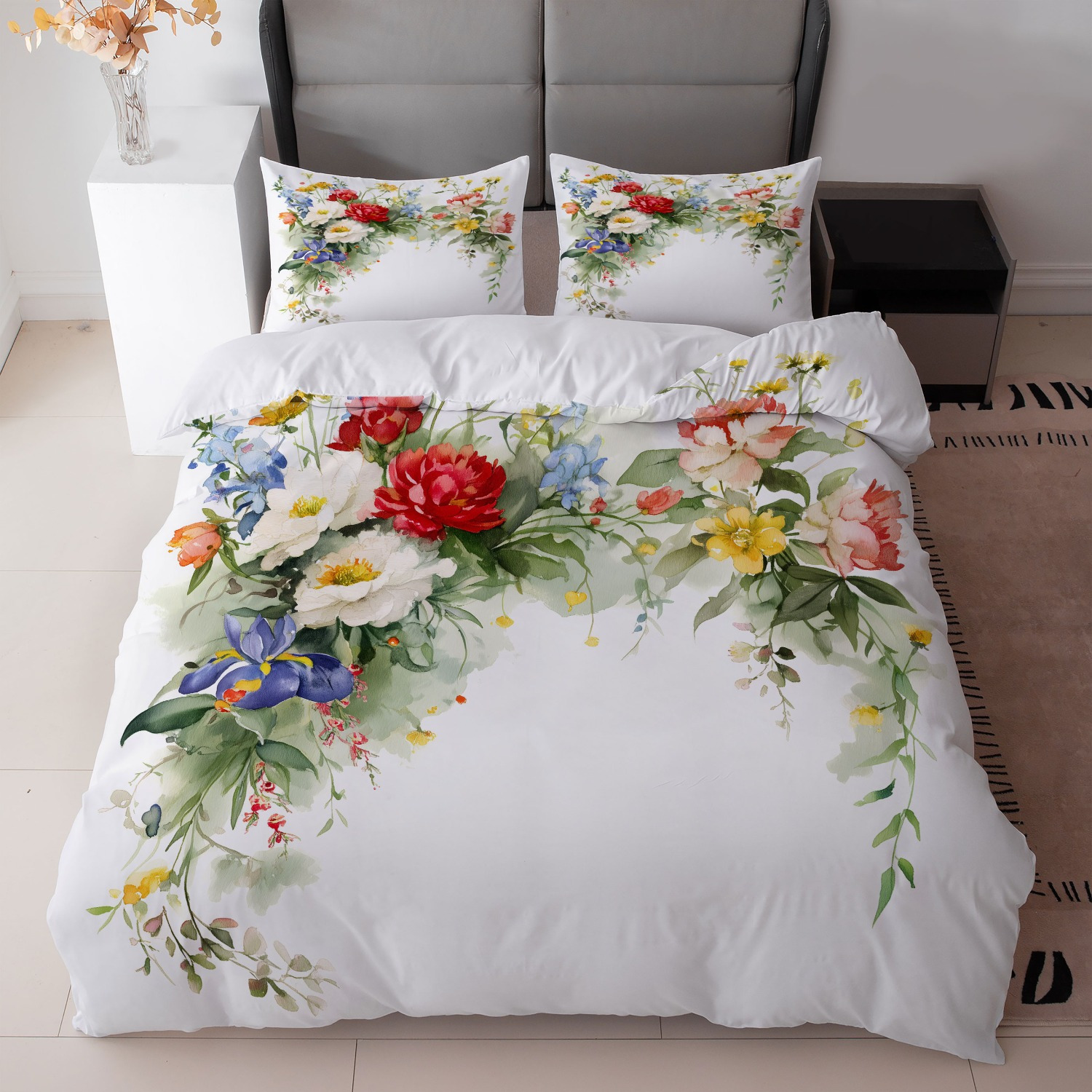 E-shop 3-teiliges Blumen-Bettwäsche-Set mit weißem Hintergrund und mehrfarbigem Blumendesign (Enthält 1 Bettbezug und 2 Kissenbezüge, Füllung nicht
