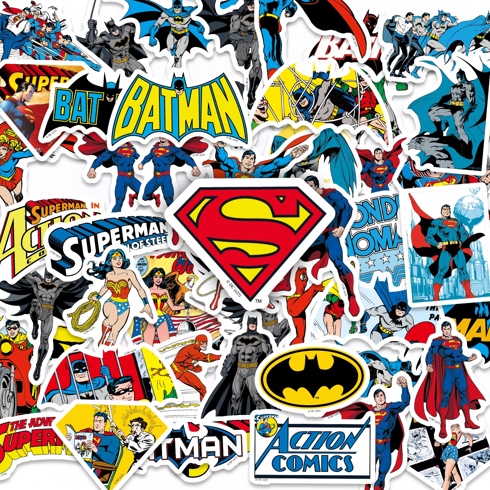 Image of 50pcs Superman Batman Vintage Comic Sticker Pack Superhero Decals For Water Bottle Luggage Skateboard Journal Decor Movie Fan Collectible Birthday Christmas Stocking Stuffer Gift