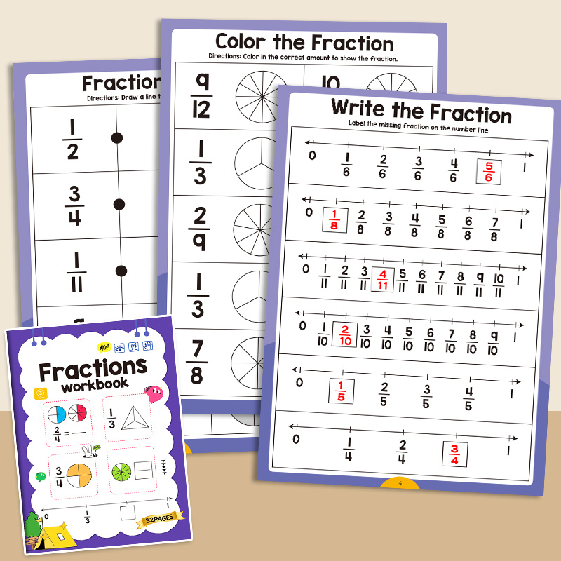 Children' Fraction Math Workbook, 1 Book, 32 Pages Of Interactive Graphic Fraction Exercises, Ages 3+, Fun Elementary Math , Practice, Suitable For Home, Classroom, And After-school Study