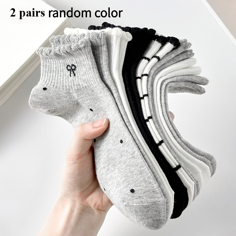 E-shop 5er-Set (zufällig versendetes 2er-Set): Damen-Socken mit Schleife Tupfen-/Gestreiftem Muster, kurz/wadenhoch – Atmungsaktive Unsichtbare Socken