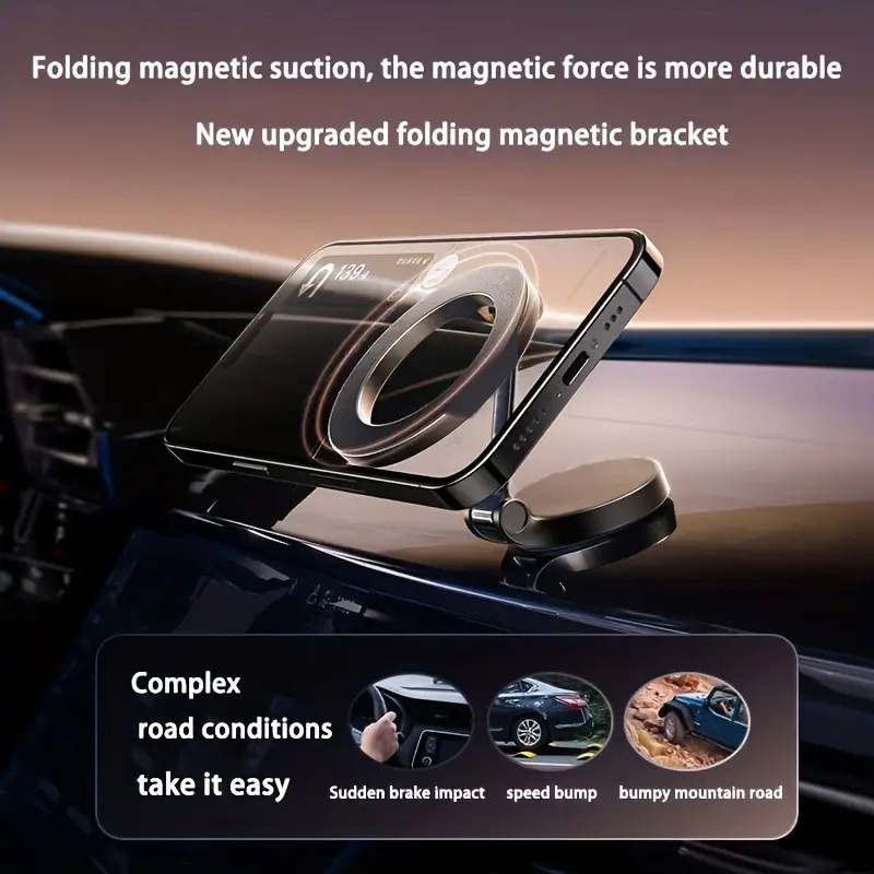 The Latest Golden High-strength Magnetic Car Phone Holder Can Be Folded 1080 Degrees For Unlimited Rotation. 42 Rubidium Magnets Will Never Demagnetize. Thickened And Reinforced Support Rod For Car Dashboard Navigation Phone Holder.