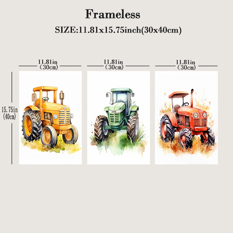 TEMU 2d Flat, 3pcs Tractor Watercolor Wall Art Suitable For Farmhouse Decor, Rustic Tractor Painting For /, Frameless Canvas For Living Room,,,
