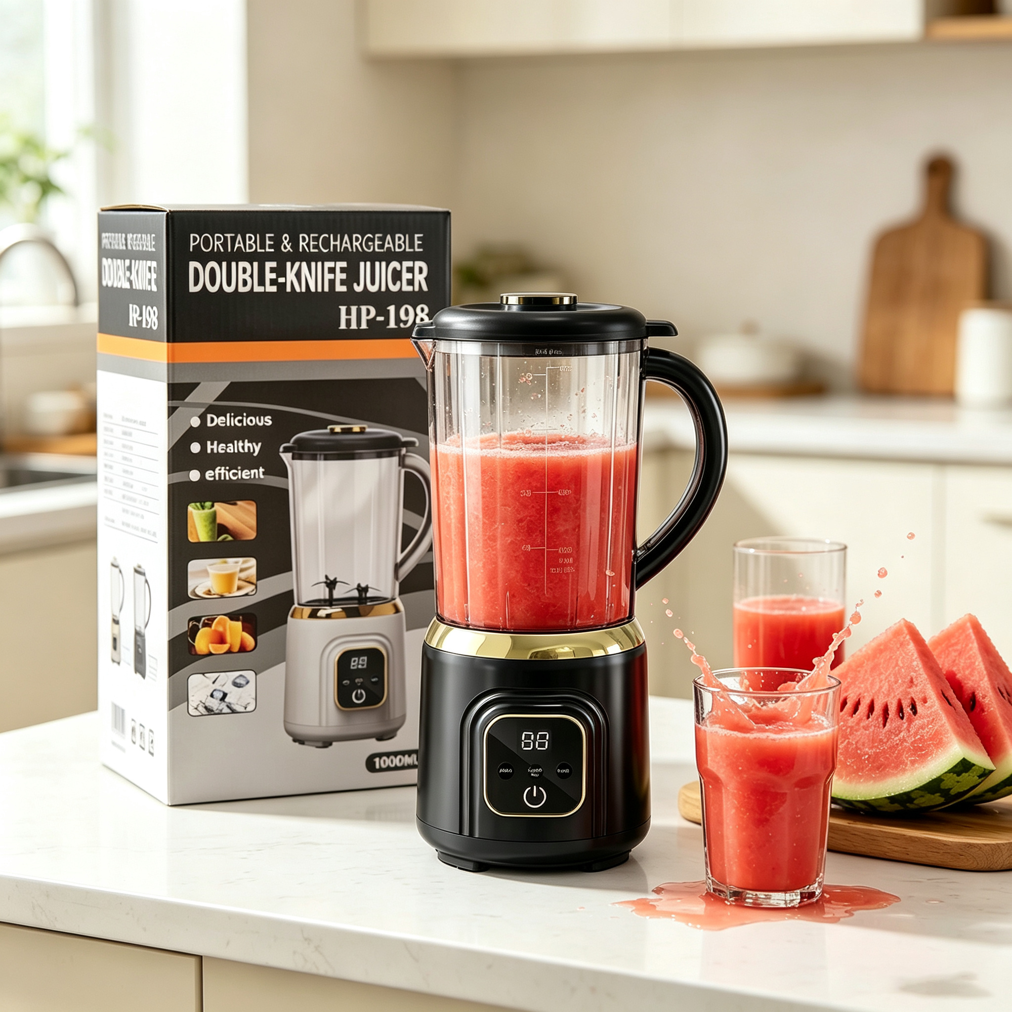 Double-blade Leaf New Juicer, Compact Rechargeable Portable Blender Small Household Juicer - Easy To Clean, Very Suitable For Smoothies, And Fresh Fruit Beverage Making - With Digital Display