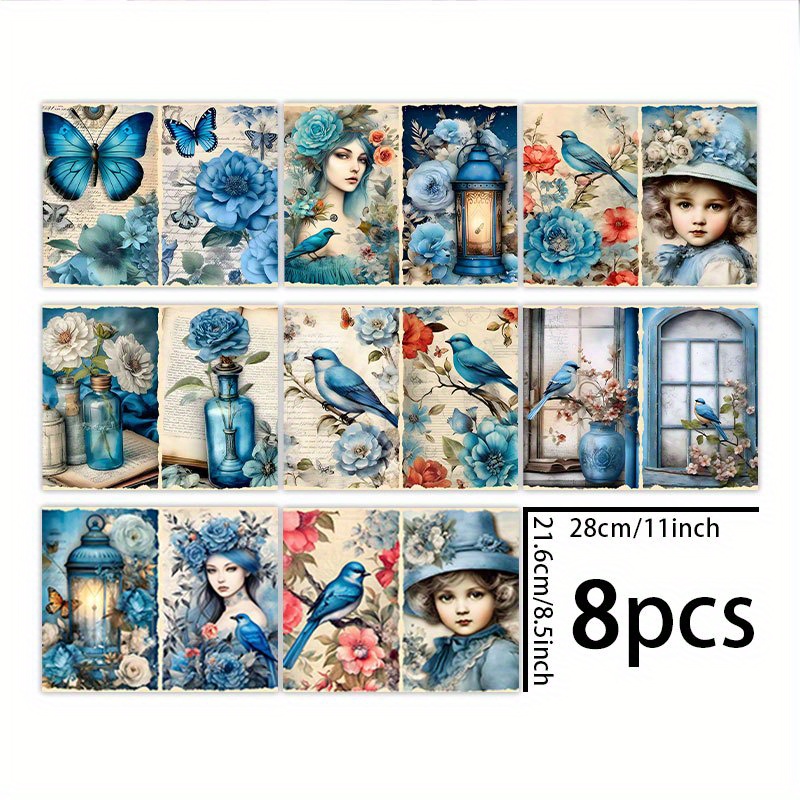 TEMU 1 Set Of 8 Sheets (11*8.5 Inches) Blue Floral Girl Branch Bird Background Material Decoration Retro Diary Junk Journal Greeting Card Planner
