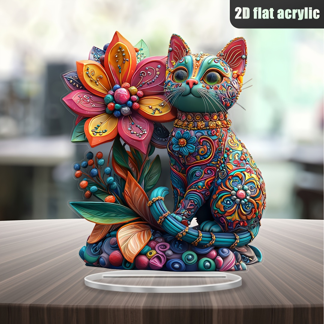 

1pc Bohemian Luxury Acrylic Cat And Flower Tabletop Decor, 16.51cm X 20.07cm Animal Theme Statue, For Office, Study, Bathroom, Living Room, Bedroom,