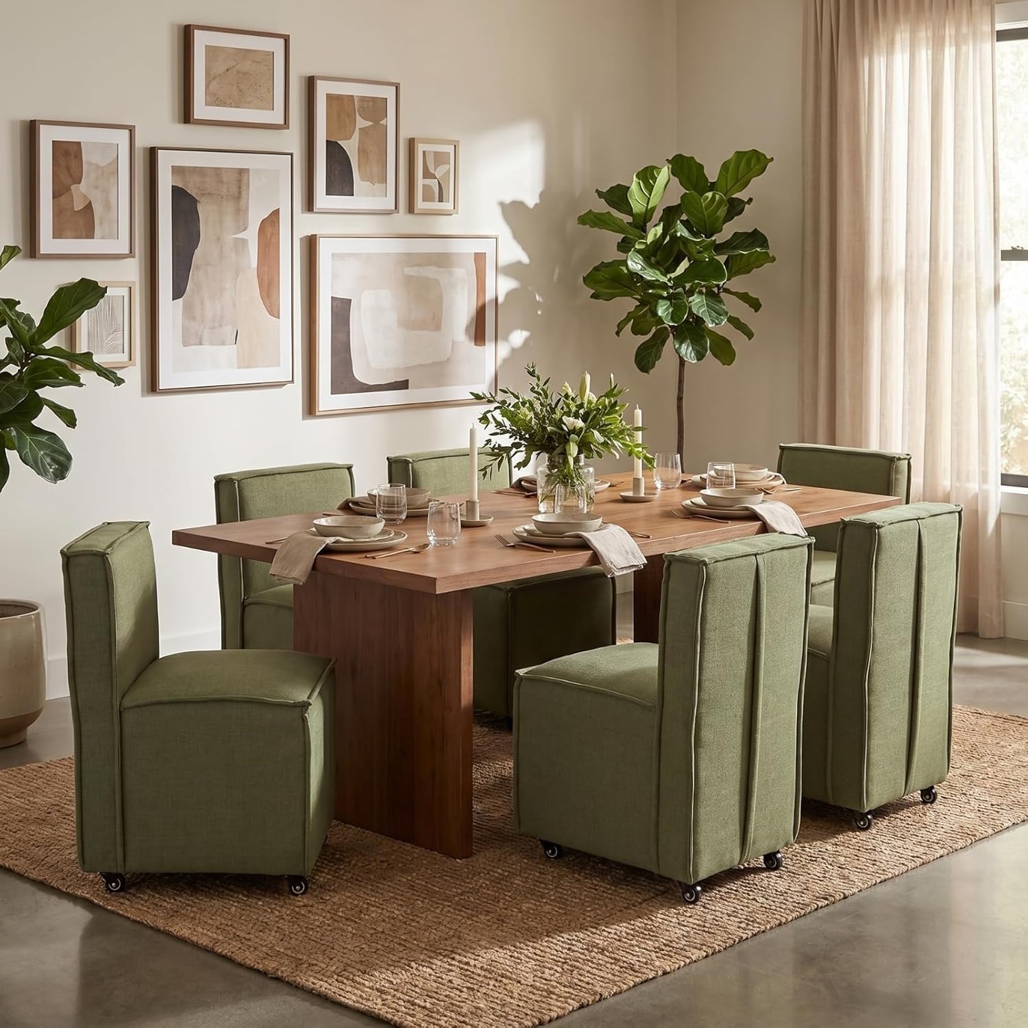 Set of 2 Modern Dining Chairs with Casters Armless Rolling Dining Chairs with Rollers for Kitchen and Dining Room, Removable Cover, Minimalist Style, Specific Style