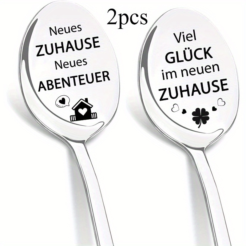 E-shop Geschenk zum Einzug in die Wohnung, 2 gravierte Edelstahl-Kaffeelöffel, Glücksbotschaft für Zuhause ein Geschenk sowohl zur Geburtstagsparty von