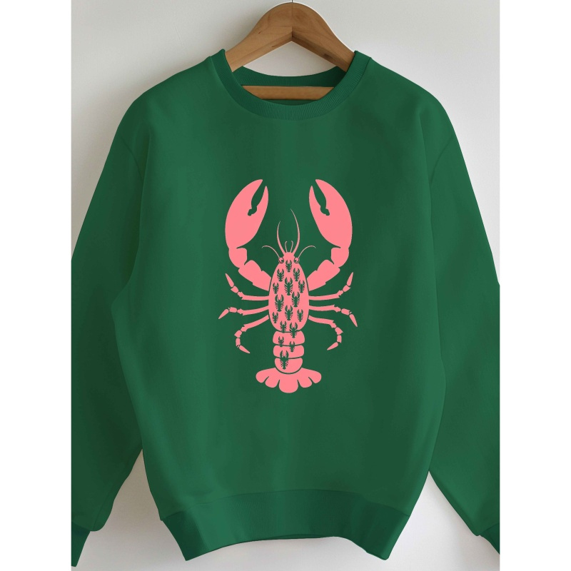 

Women's Cozy Gray Sweatshirt With Pink Lobster Illustration - Crew Neck, 100% Polyester, Casual Fit - Fall & Spring